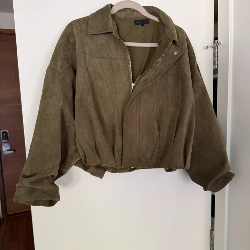 Olive Suede Bomber Jacket - Picture 1 of 4